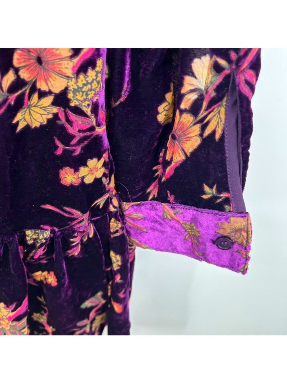 Dear John Dress Women's Medium Purple Floral Velvet Bohemian Mini Button Front - Picture 10 of 11